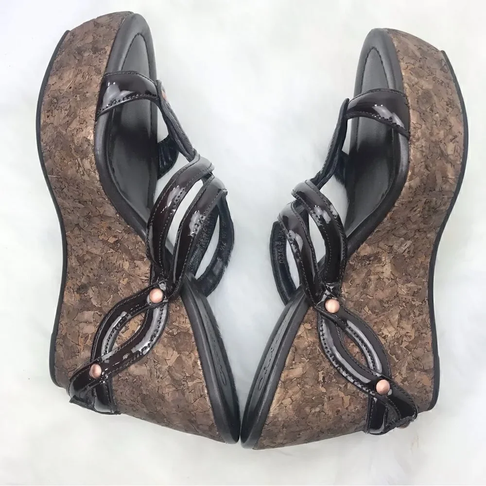 Cole Haan Brown  Medallion Keyhole Strappy Chunky Cork Wedge Retro Sandals